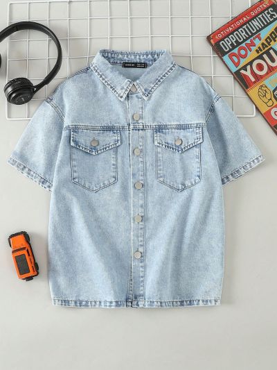 Teen Boys' Casual Comfortable Smiling Face Printed Washed Denim Shirt