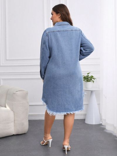 SHEIN Privé Plus Size Denim Dress With Distressed Design, Frayed Hemline