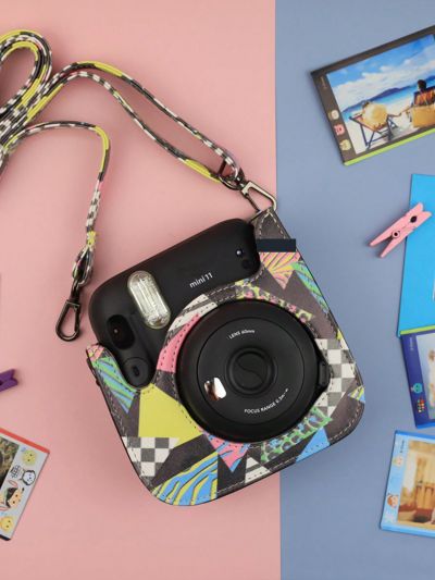 Protective PU Case for Fujifilm Instax Mini 12/11/8/9 Instant Camera, Premium Vegan Leather Bag Cover Gift Outdoor  Black  Geometry