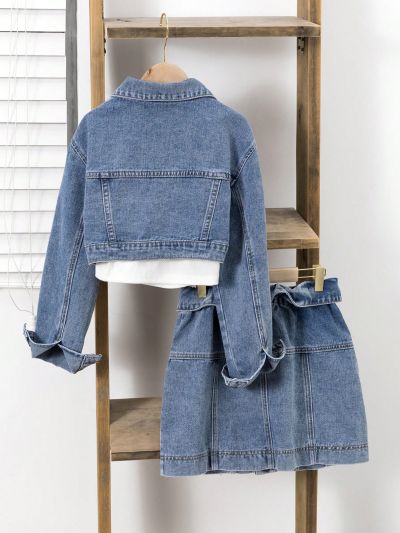 Girls' Mid Wash Denim Jacket And Jean Skirt Set