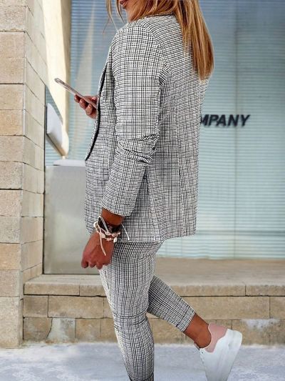 Women'S Plus Size Plaid Lapel Single Button Blazer Suit