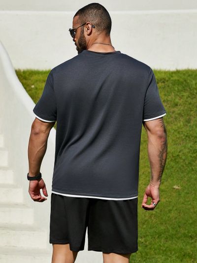 Manfinity Homme Men's Plus Size 2pcs/Set Short Sleeve T-Shirt And Shorts With Two Slogans And Face Design