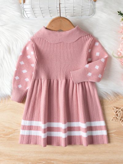 Baby Girls' Geometric Pattern Long Sleeve Sweater Dress