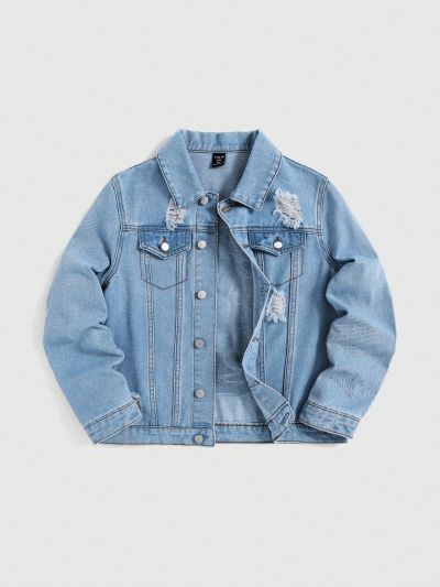 SHEIN Boys' Casual Loose Fit Irregular Cut Ripped Back Printed Denim Jacket
