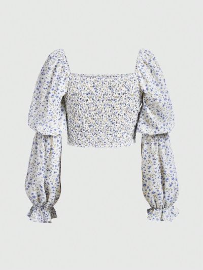 SHEIN Teen Girls' Woven Floral Square Collar Shirred Long Sleeve Blouse