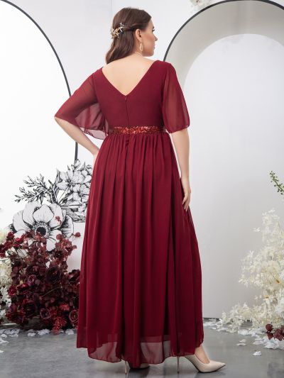 Plus Mesh Panel Butterfly Sleeve Sequin Decor Chiffon Prom Dress