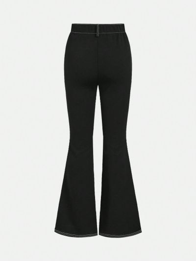 SHEIN Kids Cooltwn Tween Girls' Cool Street Style Spring/Summer Solid Woven Bell Bottom Pants