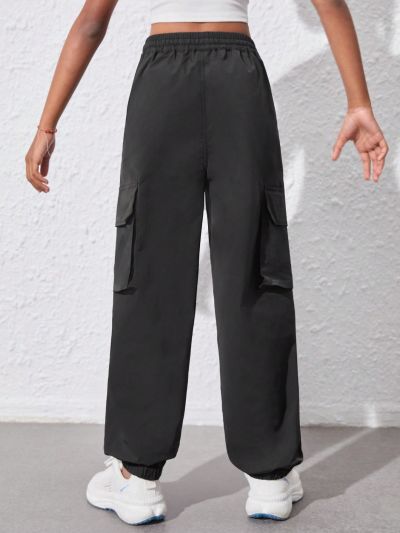 Big Girls' Black Cargo Pants With Elastic Cuffs, Loose Fit And Fashionable Design, Suitable For Street Dancing