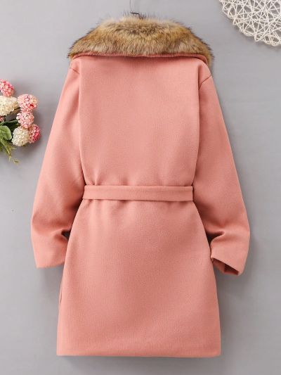 SHEIN Kids QTFun Girls' (big) Solid Color Wool Coat With Suit Collar And Fur Collar