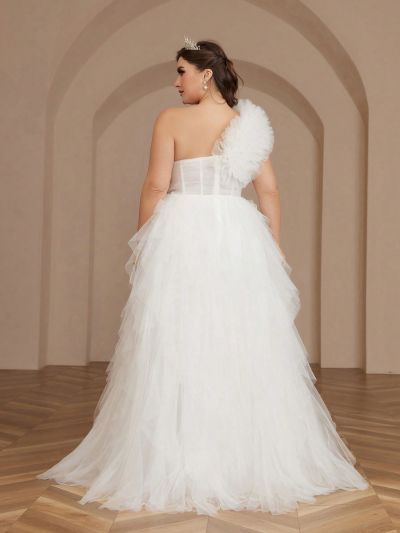 SHEIN Belle Plus Size Women'S Wedding Dress With Beaded Bodice, Pleated Waist, 3d Flowers And Asymmetrical Tulle Skirt