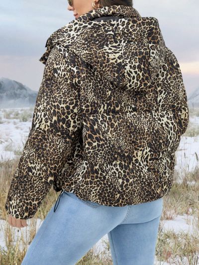 Leopard Print Zip Up Hooded Down Coat
