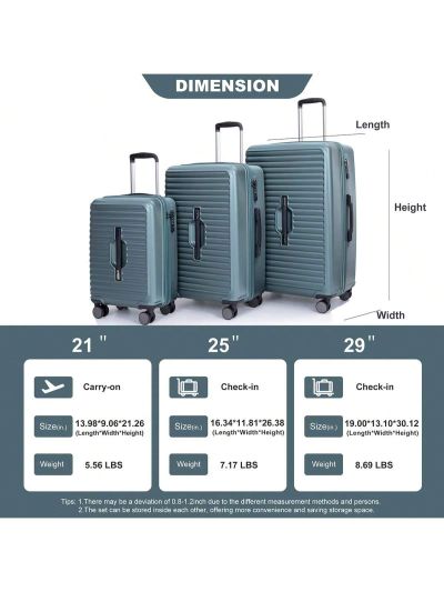 3 Piece Luggage Sets,PC+ABS Lightweight Suitcase with Two Hooks, Spinner Wheels, TSA Lock-21/25/29IN