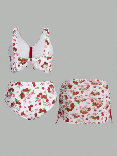 SHEIN Swim Mod Plus Size Women'S Cherry Print Bikini 3pcs Set
