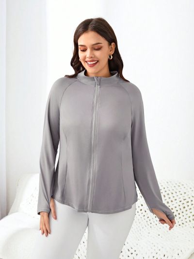 Yoga Basic Plus Size Solid Color Stand Collar Drop Shoulder Sleeve Sports Jacket