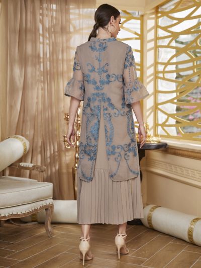 Floral Embroidery Split Tunic With Pleated Hem Dress