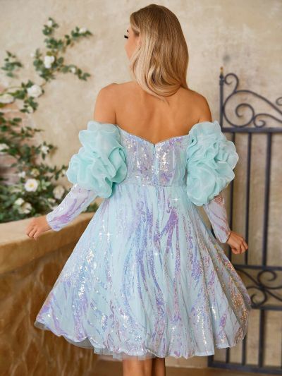 SHEIN Belle Elegant One-Line Shoulder V-Neck Irregular Pleated Mesh Stitching Positioning Fine Flashover Bead Embroidery A Swing Pompous Princess Cocktail Dress