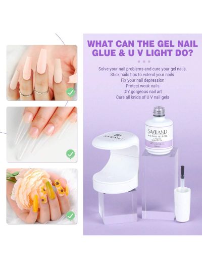 Saviland Gel Nail Glue with Mini Nail Lamp Kit, 4-in-1 U V Nail Glue Gel 15ML for Nail Tips and 16W Portable U V light for Easy and Fast Curing Gel Nail extension DIY Nail Art