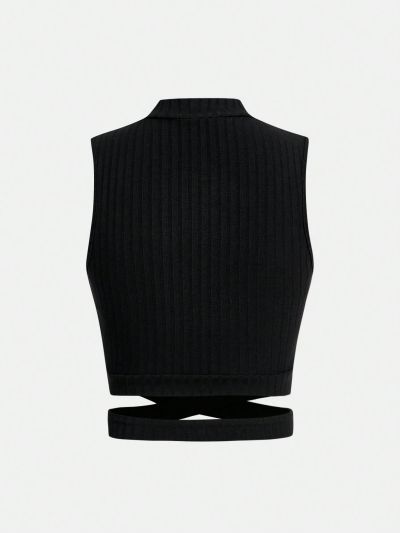 SHEIN Teen Girls' Solid Color Ribbed Knit Hem Cross Back Hollow Out Tank Top For Casual Occasions