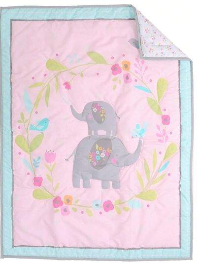 Brandream 3 Piece Baby Girl Crib Bedding Set Pink Elephant Safari Animal Nursery Bedding with Elephant Floral 3D Design Comforter Set, Fitted Sheet,Crib Skirt