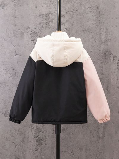 Girls' Warm Trendy Hooded Padded Jacket With Fleece Lining For Fall And Winter