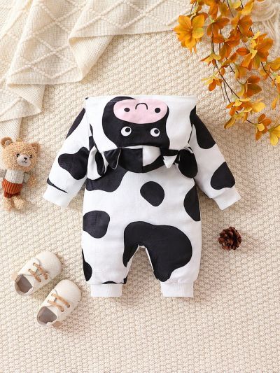 SHEIN Baby Boy Cow Print 3D Ear Design Button Front Hooded Jumpsuit