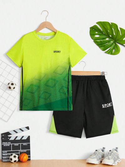 SHEIN Tween Boys Fit Sports Pattern Round Neck Short-Sleeved T-Shirt Shorts Sportswear Two-Piece Set