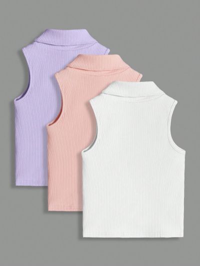 SHEIN Kids EVRYDAY 3pcs Tween Girls' Knit Ribbed Turtleneck Sleeveless Top Set
