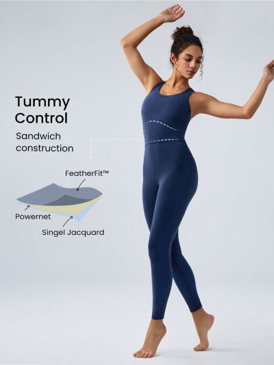 GLOWMODE 26" FeatherFit™ Tummy Control Racerback Classic Bodysuit Jumpsuit Light Support Low Impact Yoga Studio