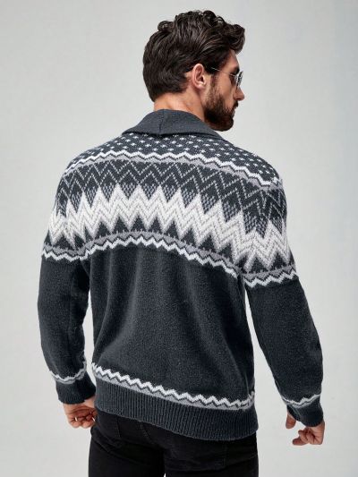 Manfinity Men's Geometric Printed Shawl Collar Cardigan Sweater