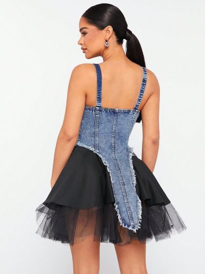 XAX Contrast Color Mesh Panel & Pearl Decorated Denim Cami Dress