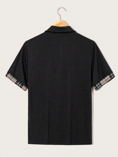 SHEIN Teen Boys' Casual Plaid Patchwork Short Sleeve Knit Polo Shirt