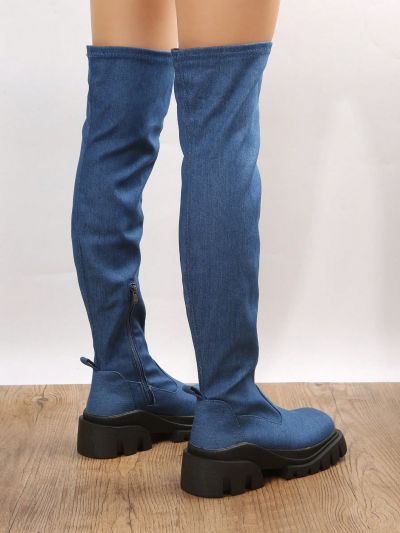 Fashionable Casual Comfortable Denim Fabric Ladies' Wedge Heel Thick-soled Boots