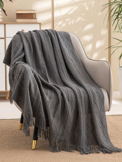 1pc Solid Fringe Trim Throw Blanket