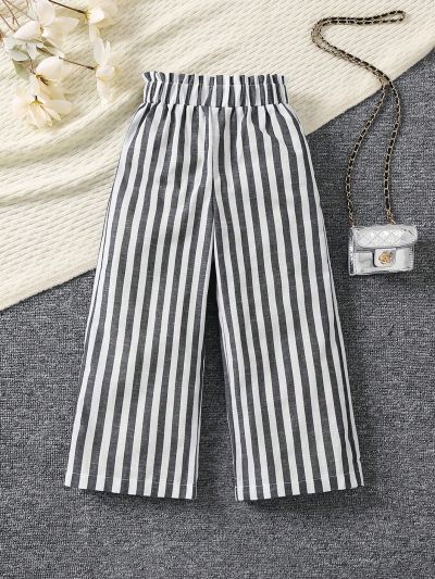 SHEIN Kids EVRYDAY Little Girls' Striped Wide Leg Pants For Casual Wear