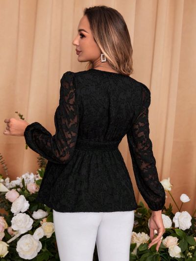 SHEIN Maternity Sheer Mesh Splicing Gathered Waist Blouse