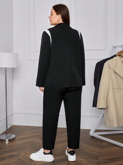SHEIN Essnce Plus Size Turn-down Collar Single Breasted Suit Jacket And Pants Set