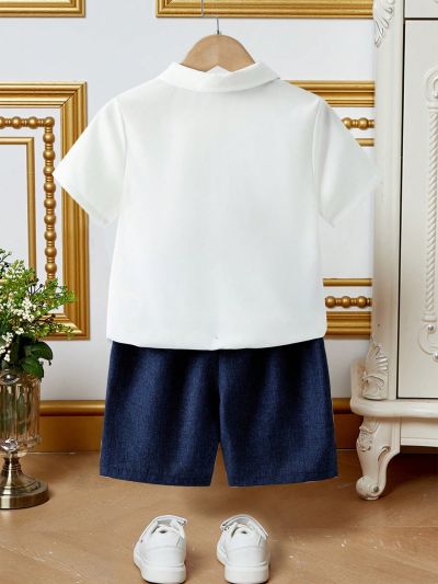 SHEIN Kids FANZEY Young Boys' Matching Geometric Pattern Notched Collar Shirt And Shorts Set, Gentleman Style Clothing