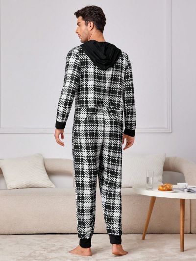 Men's Hooded Houndstooth Home Jumpsuit