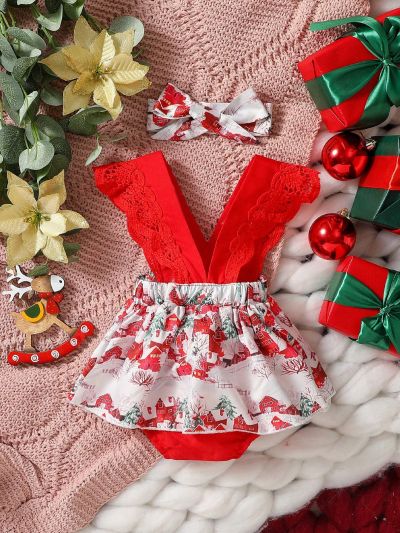 Baby Girl Christmas Print Contrast Lace Ruffle Trim Combo Bodysuit Dress With Headband