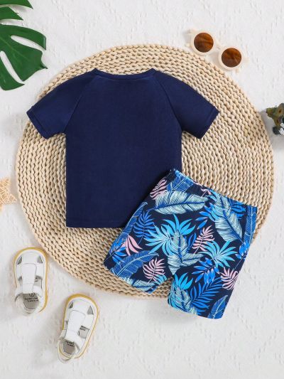 SHEIN Baby Boys' Round Neck Letter & Plant Printed Raglan Sleeve Top With Shorts Or Swim Shorts 2pcs/Set