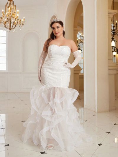 SHEIN Belle Tube Top, Curled Irregular Fishtail, Sequin Embroidery Splicing Mesh, Plus Size Wedding Dress