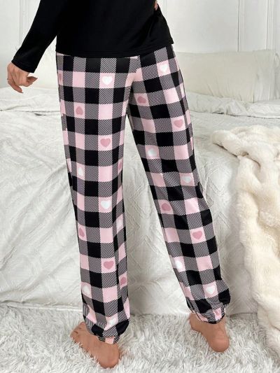 Milk Silk Plaid Heart Print Bowknot Detail Pajama Bottoms