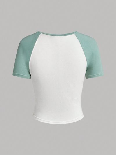 SHEIN Teen Girl Knitted Patchwork Raglan Short Sleeve Heart Printed Casual T-Shirt