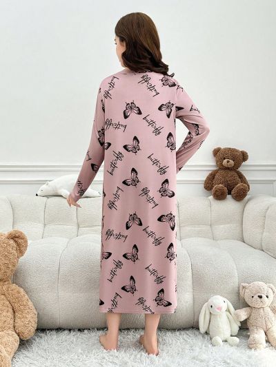 Teen Girls' New Butterfly Print Long Sleeve Sleepwear Dress
