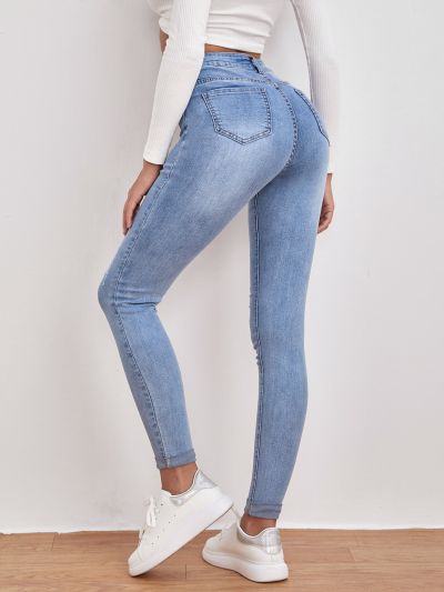 SHEIN Essnce High Waist Ripped Detail Skinny Jeans