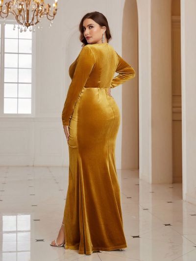 SHEIN Belle Plus Size Pleated High Slit V-neck Long Sleeve Bridesmaid Dress