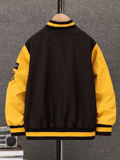 Teen Boys' Spring Casual Color-Block Velvet Insert Button-Front Jacket With Letter Pattern