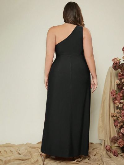 SHEIN Belle Women's Plus Size One Shoulder Twisted Knotted And Slit Dress