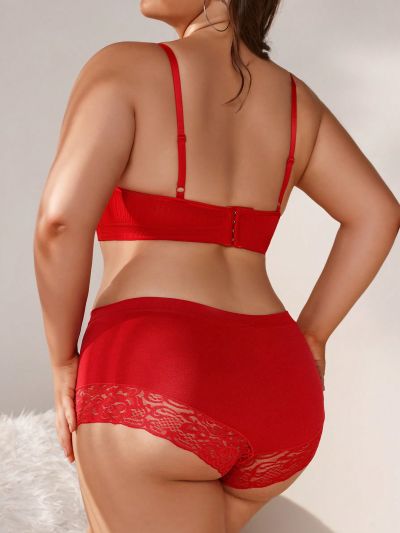 Plus Size Solid Color Wireless Bra And Lace Decoration Hipster Panties Underwear Set