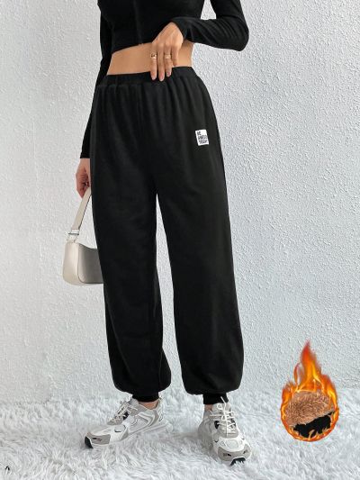 SHEIN Essnce Women's Fleece Lined Pants With Letters Patched